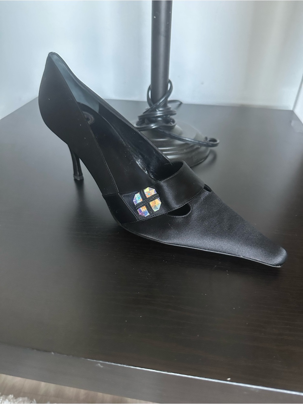 Vero Cuoio Black Satin Pointed Toe Pumps with Iridescent Buckle